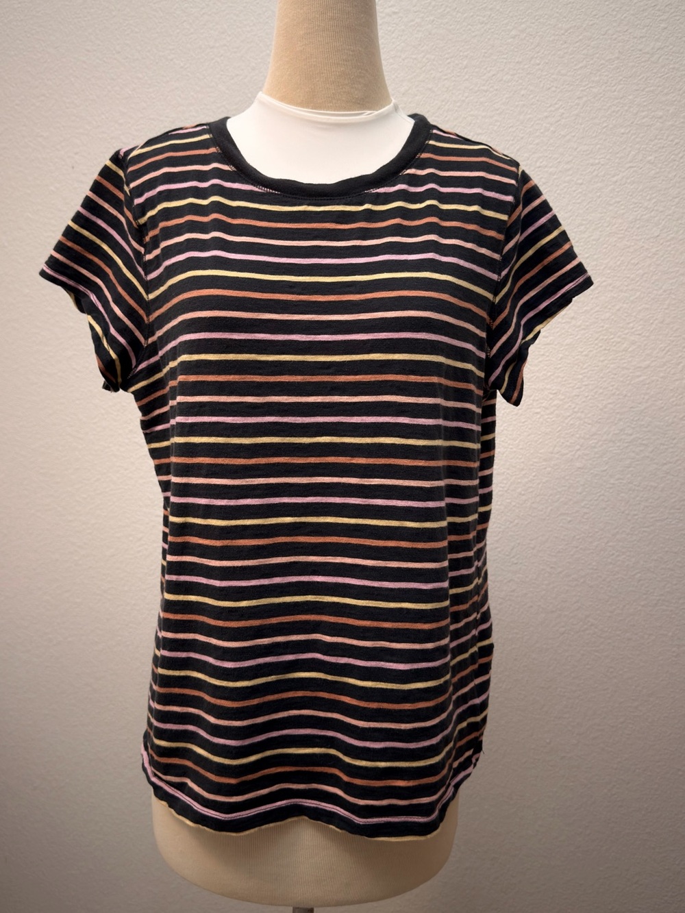 Universal Thread Black Stripped Short Sleeve Tee with Pink & Mustard Stripes